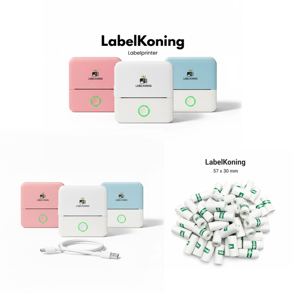 Mini Labelprinter Bundel – Bluetooth Verzendlabel Printer + 5 Labelrollen + Extra Lange Kabel